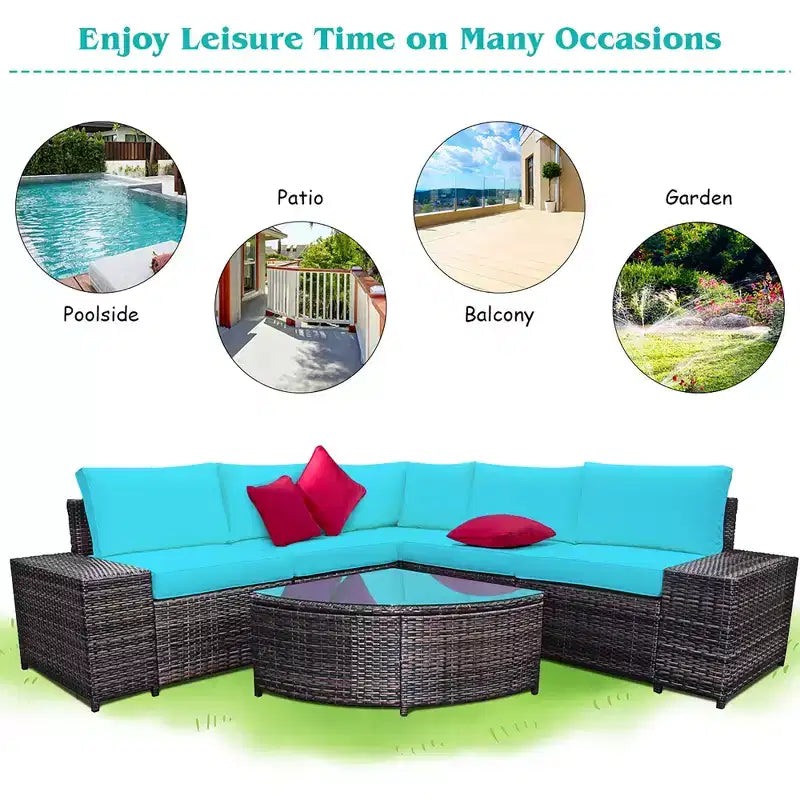 Costway 6-teiliges Rattanmöbel-Set, Sofa mit Kissen, Armlehne, Gartenmöbel, Türkis/Weiß