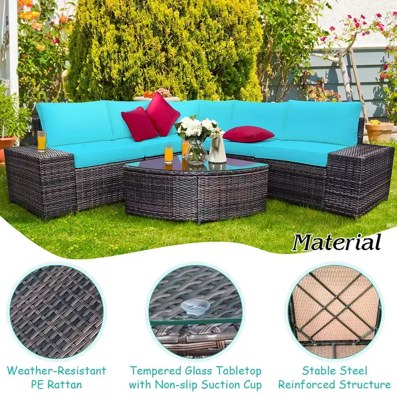 Costway 6-teiliges Rattanmöbel-Set, Sofa mit Kissen, Armlehne, Gartenmöbel, Türkis/Weiß
