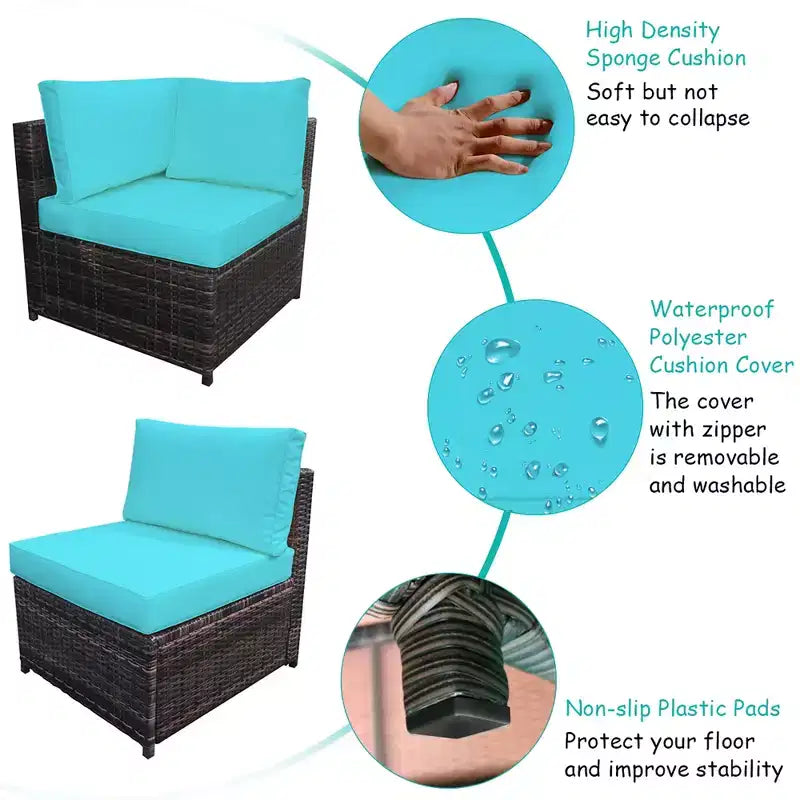 Costway 6-teiliges Rattanmöbel-Set, Sofa mit Kissen, Armlehne, Gartenmöbel, Türkis/Weiß