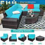 Costway 6-teiliges Rattanmöbel-Set, Sofa mit Kissen, Armlehne, Gartenmöbel, Türkis/Weiß