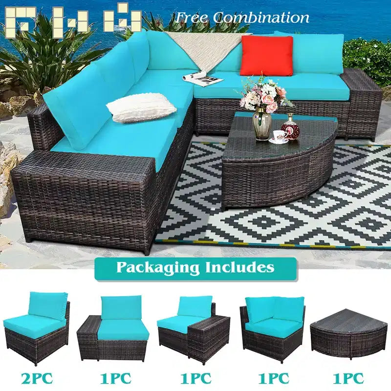 Costway 6-teiliges Rattanmöbel-Set, Sofa mit Kissen, Armlehne, Gartenmöbel, Türkis/Weiß
