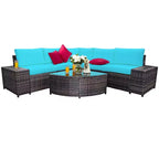 Costway 6-teiliges Rattanmöbel-Set, Sofa mit Kissen, Armlehne, Gartenmöbel, Türkis/Weiß