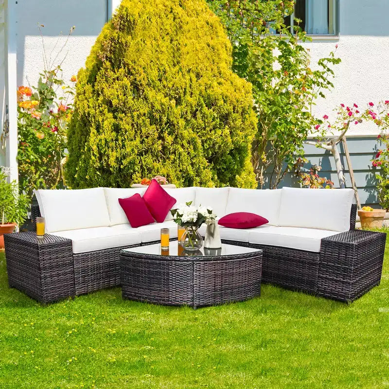 Costway 6-teiliges Rattanmöbel-Set, Sofa mit Kissen, Armlehne, Gartenmöbel, Türkis/Weiß
