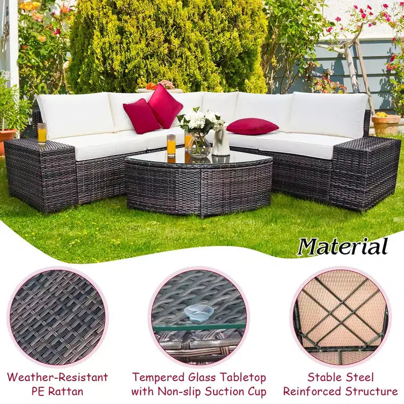 Costway 6-teiliges Rattanmöbel-Set, Sofa mit Kissen, Armlehne, Gartenmöbel, Türkis/Weiß