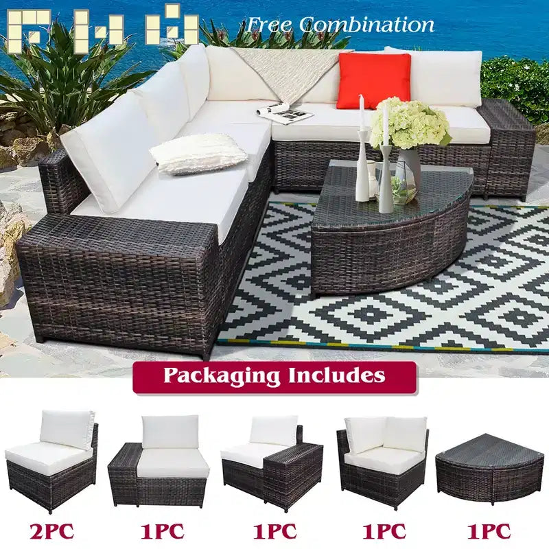 Costway 6-teiliges Rattanmöbel-Set, Sofa mit Kissen, Armlehne, Gartenmöbel, Türkis/Weiß