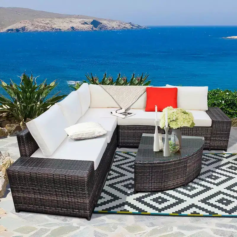Costway 6PCS Rattan Furniture Set Conversation Cushioned Sofa Armrest Garden Turquoise\White