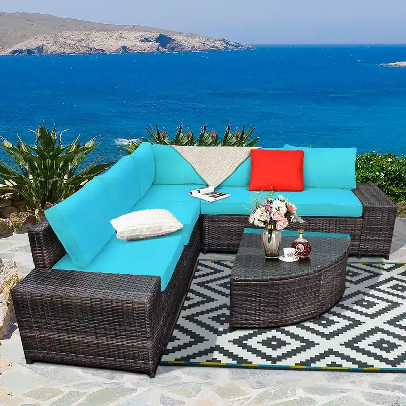 Costway 6-teiliges Rattanmöbel-Set, Sofa mit Kissen, Armlehne, Gartenmöbel, Türkis/Weiß