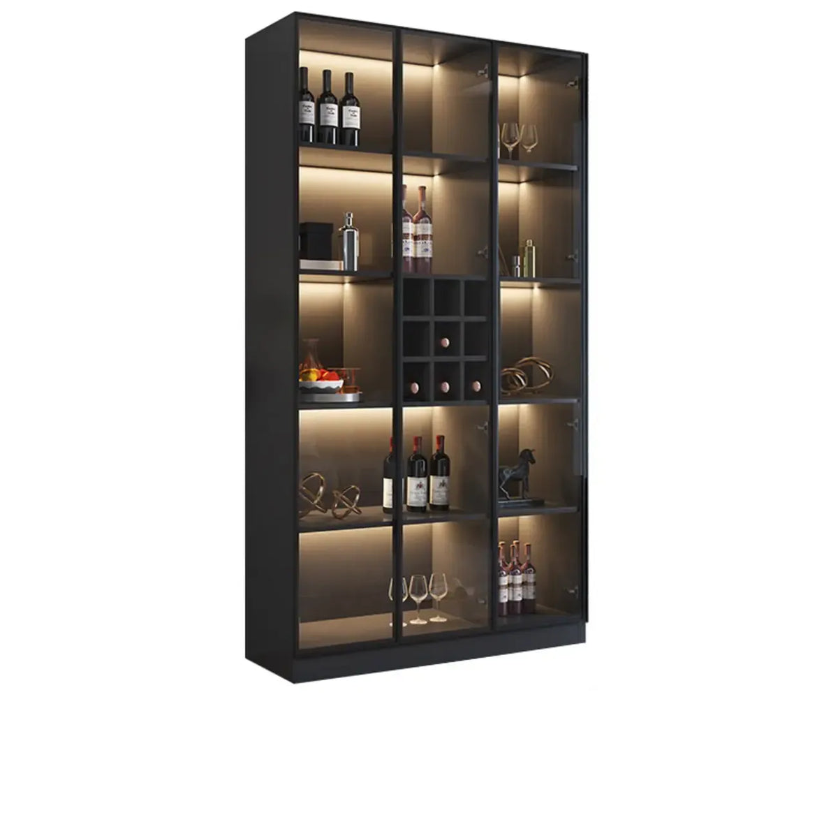 Minimalistisches Weinschrankregal aus schwarzem Holz mit Glastür