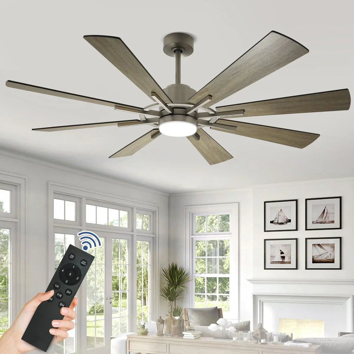Deckenventilator mit Beleuchtung, Fernbedienung, groß, 8 Holzflügel