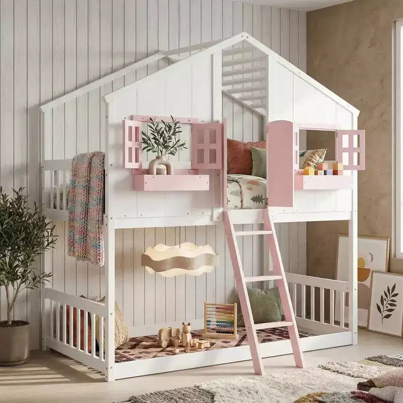 Doppel-Loftbett in Hausform, Holzspielhaus-Loftbett mit Leiter und Schutzgittern für Kinder