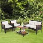 Costway 4PCS Patio Rattan Acacia Wood Furniture Set Cushion Sofa Armrest Deck