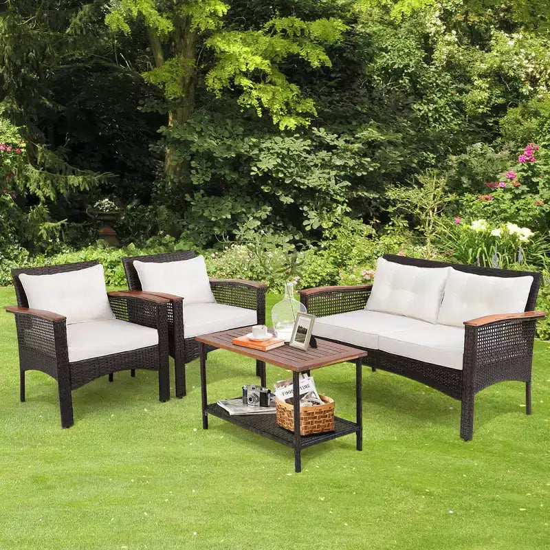 Costway 4PCS Patio Rattan Acacia Wood Furniture Set Cushion Sofa Armrest Deck