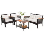 Costway 4-teiliges Terrassenmöbel-Set aus Rattan und Akazienholz mit Auflagen, Sofa und Armlehnen für die Terrasse