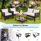 Costway 4-teiliges Terrassenmöbel-Set aus Rattan und Akazienholz mit Auflagen, Sofa und Armlehnen für die Terrasse