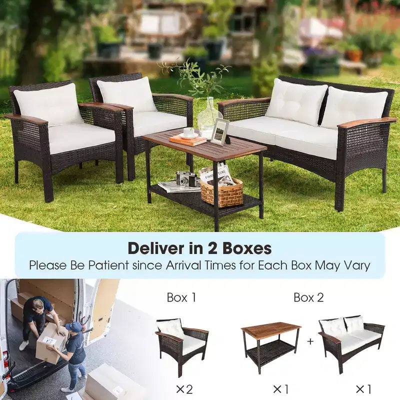 Costway 4-teiliges Terrassenmöbel-Set aus Rattan und Akazienholz mit Auflagen, Sofa und Armlehnen für die Terrasse