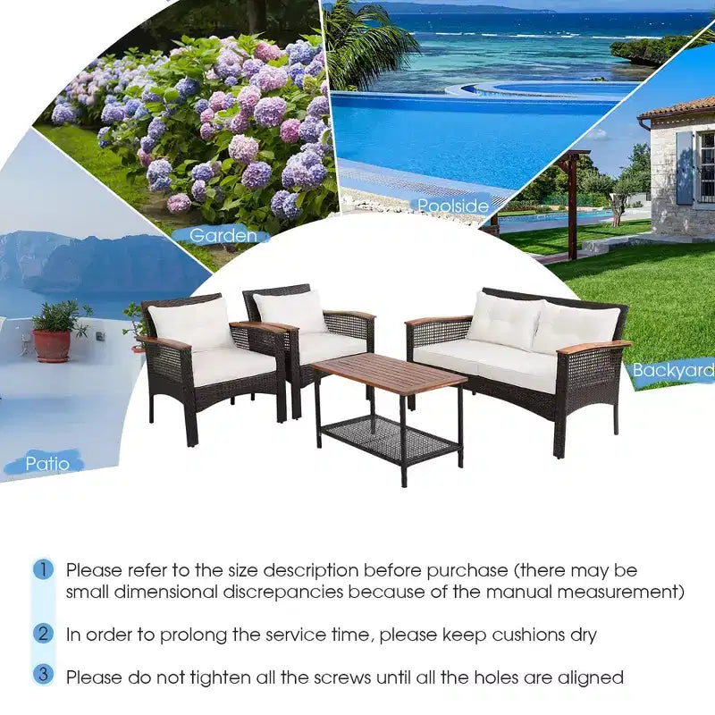 Costway 4-teiliges Terrassenmöbel-Set aus Rattan und Akazienholz mit Auflagen, Sofa und Armlehnen für die Terrasse