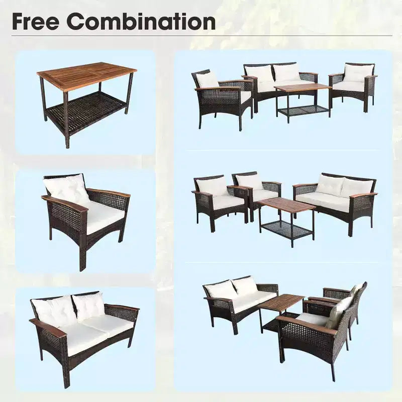 Costway 4-teiliges Terrassenmöbel-Set aus Rattan und Akazienholz mit Auflagen, Sofa und Armlehnen für die Terrasse