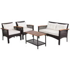 Costway 4-teiliges Terrassenmöbel-Set aus Rattan und Akazienholz mit Auflagen, Sofa und Armlehnen für die Terrasse