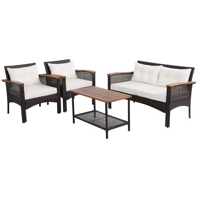 Costway 4-teiliges Terrassenmöbel-Set aus Rattan und Akazienholz mit Auflagen, Sofa und Armlehnen für die Terrasse