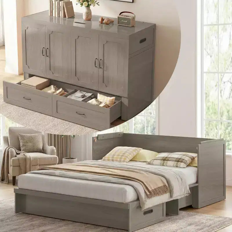 Mjkone Queen Size Wandelbares Murphy-Schrankbett mit USB-Ladefunktion, Schubladen, keine Matratze enthalten