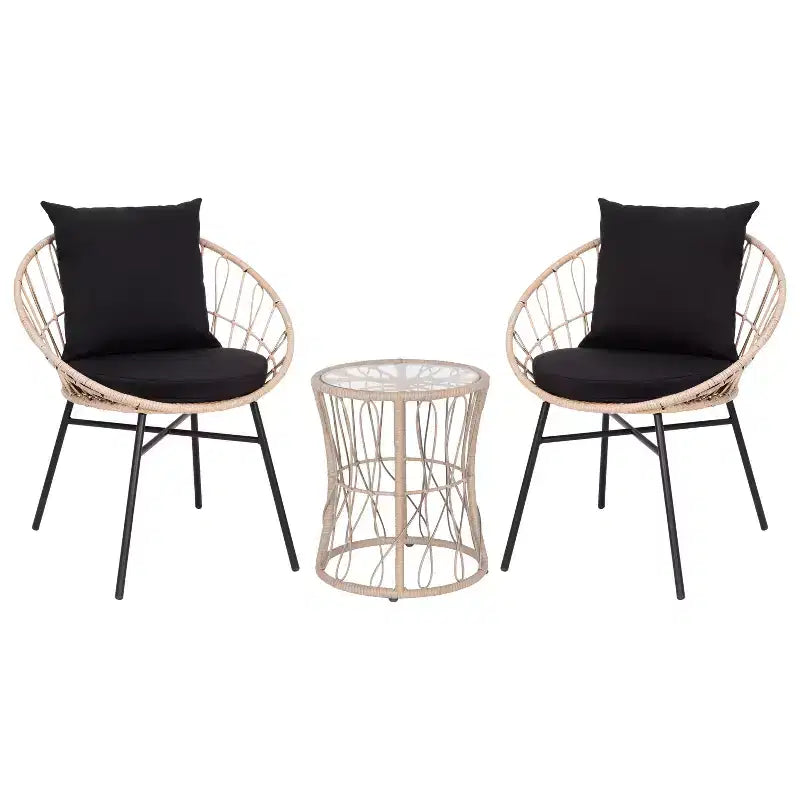 Merrick Lane 3 Piece Patio Set with Rope Rattan Chairs, Matching Glass Top Side Table and Cushions for Indoor/Outdoor Use