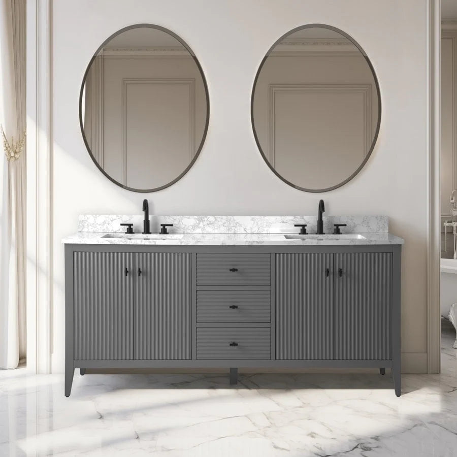 Vanity Art 72 Zoll Badezimmer-Waschtischunterschrank mit Doppelwaschbecken und Kunstmarmorplatte