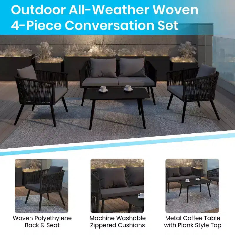 Emma and Oliver Black & Gray Allwetter-Sitzgruppe aus geflochtenem Material, vierteilig, mit Kissen und Metall-Couchtisch für Veranda, Garten und Terrasse