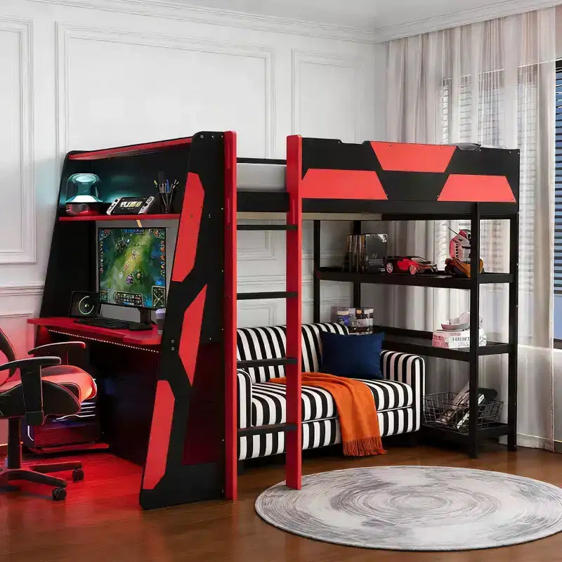 Luxystar Gaming-Hochbett mit Schreibtisch, Ablageregalen und Beleuchtung