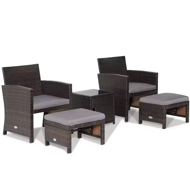 Costway 5-teiliges Terrassenmöbel-Set aus Rattan, Polsterhocker mit Bezug, platzsparend, Cremeweiß/Grau/Rot/Türkis