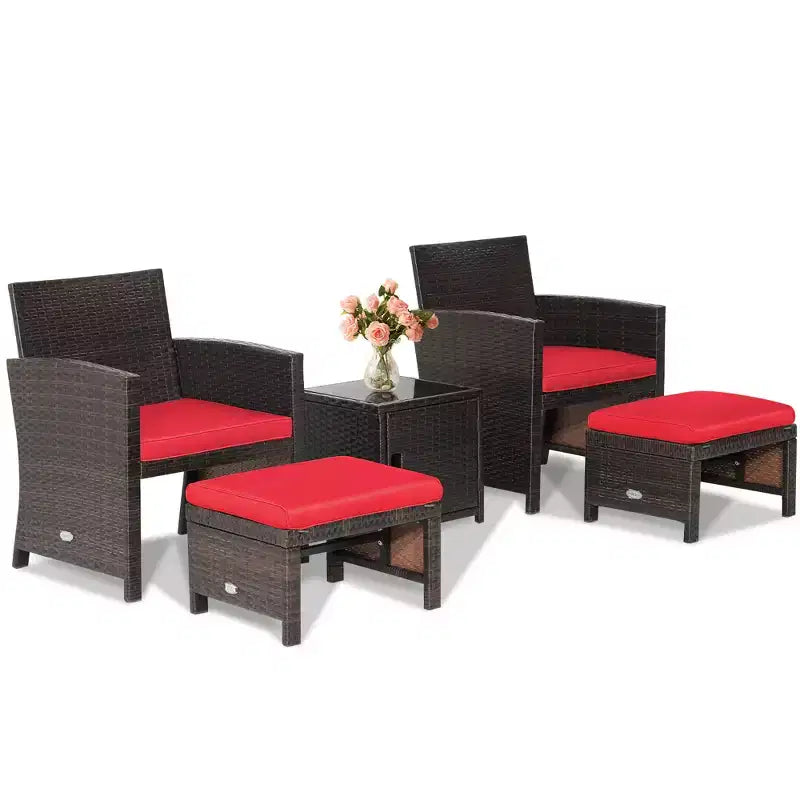 Costway 5-teiliges Terrassenmöbel-Set aus Rattan, Polsterhocker mit Bezug, platzsparend, Cremeweiß/Grau/Rot/Türkis