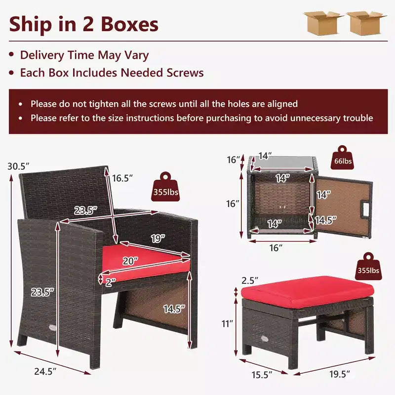 Costway 5-teiliges Terrassenmöbel-Set aus Rattan, Polsterhocker mit Bezug, platzsparend, Cremeweiß/Grau/Rot/Türkis
