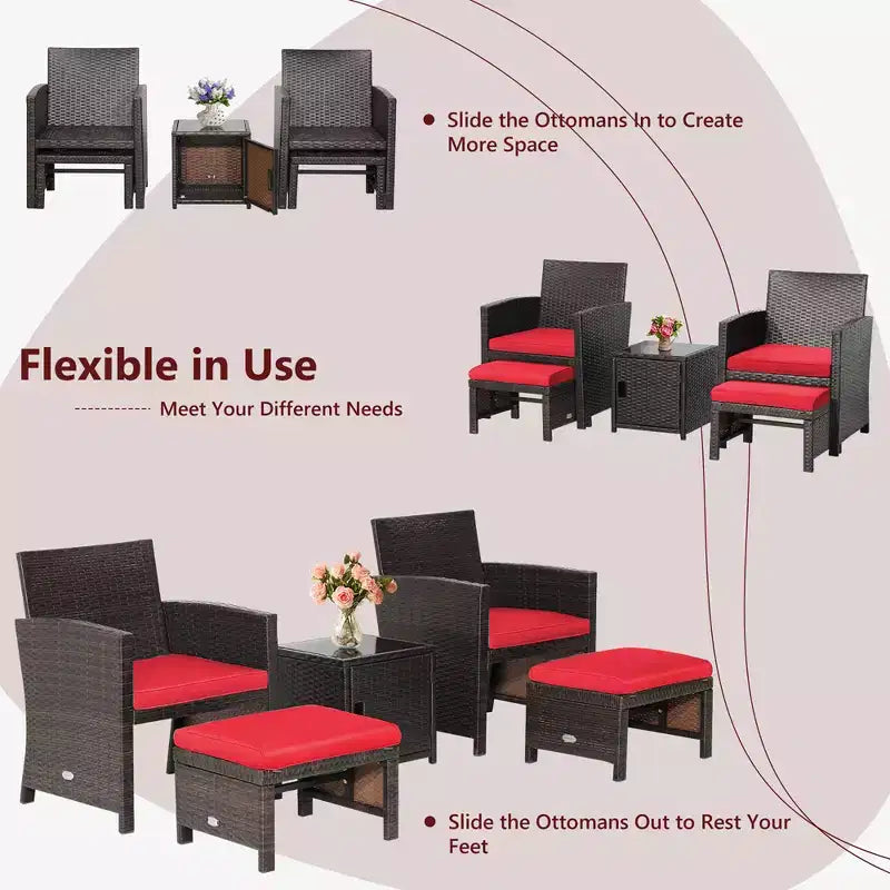 Costway 5-teiliges Terrassenmöbel-Set aus Rattan, Polsterhocker mit Bezug, platzsparend, Cremeweiß/Grau/Rot/Türkis