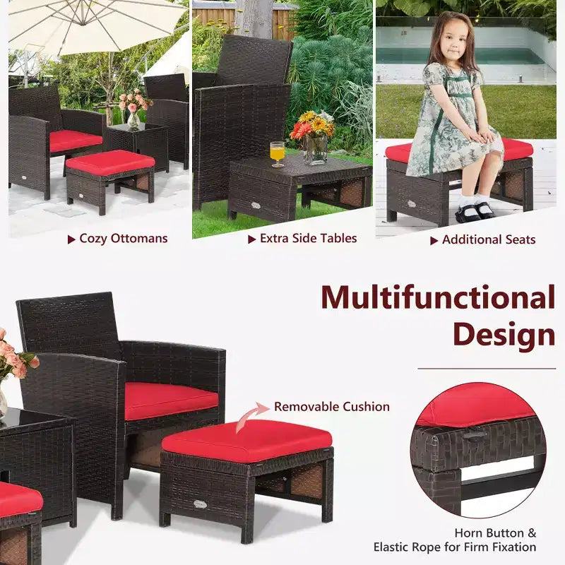 Costway 5-teiliges Terrassenmöbel-Set aus Rattan, Polsterhocker mit Bezug, platzsparend, Cremeweiß/Grau/Rot/Türkis