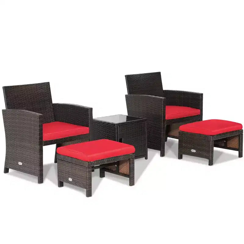Costway 5-teiliges Terrassenmöbel-Set aus Rattan, Polsterhocker mit Bezug, platzsparend, Cremeweiß/Grau/Rot/Türkis