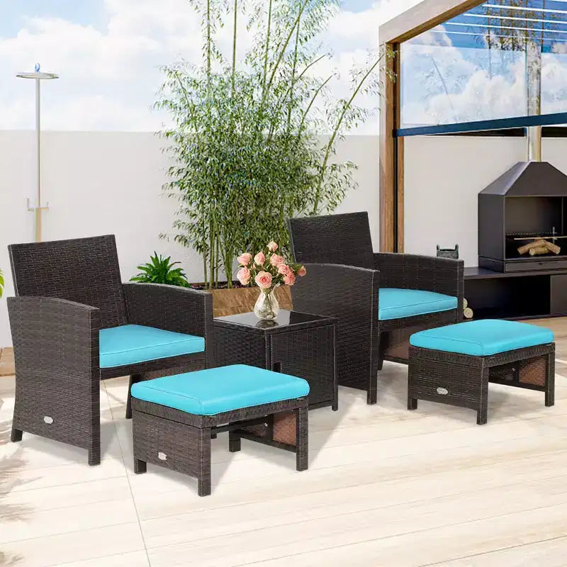 Costway 5-teiliges Terrassenmöbel-Set aus Rattan, Polsterhocker mit Bezug, platzsparend, Cremeweiß/Grau/Rot/Türkis