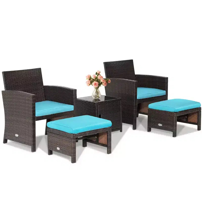 Costway 5-teiliges Terrassenmöbel-Set aus Rattan, Polsterhocker mit Bezug, platzsparend, Cremeweiß/Grau/Rot/Türkis
