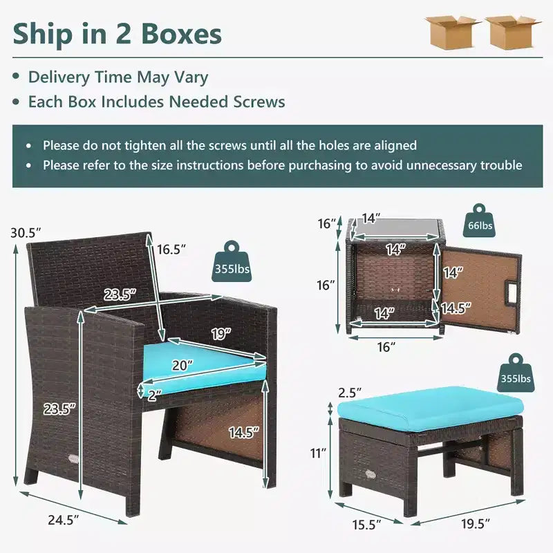 Costway 5-teiliges Terrassenmöbel-Set aus Rattan, Polsterhocker mit Bezug, platzsparend, Cremeweiß/Grau/Rot/Türkis