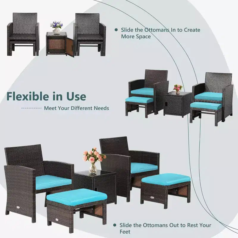 Costway 5-teiliges Terrassenmöbel-Set aus Rattan, Polsterhocker mit Bezug, platzsparend, Cremeweiß/Grau/Rot/Türkis