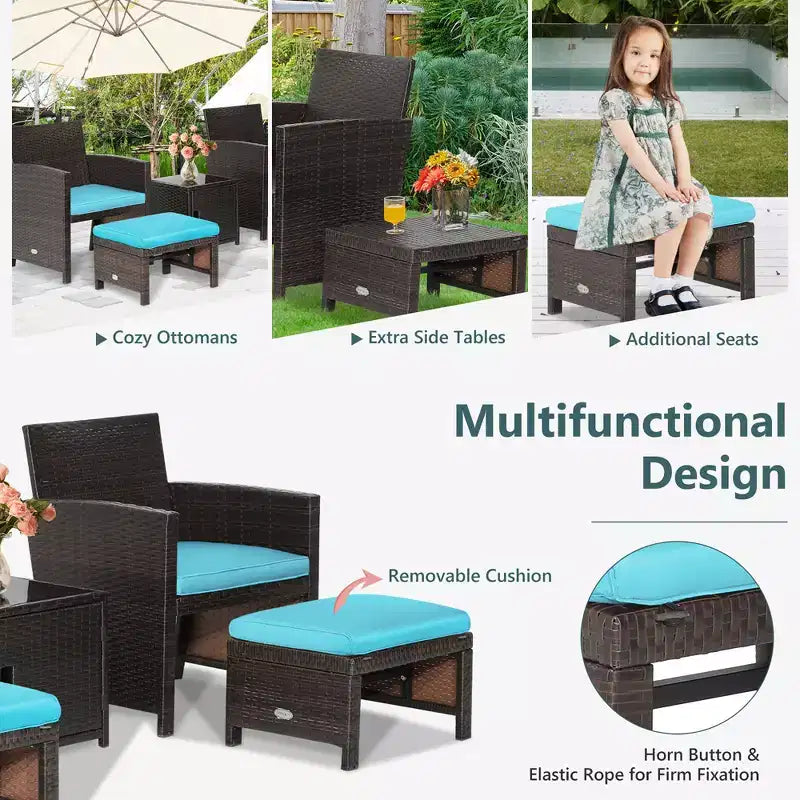 Costway 5-teiliges Terrassenmöbel-Set aus Rattan, Polsterhocker mit Bezug, platzsparend, Cremeweiß/Grau/Rot/Türkis