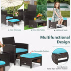 Costway 5-teiliges Terrassenmöbel-Set aus Rattan, Polsterhocker mit Bezug, platzsparend, Cremeweiß/Grau/Rot/Türkis