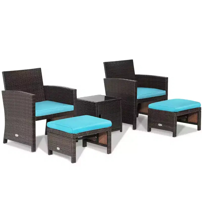 Costway 5-teiliges Terrassenmöbel-Set aus Rattan, Polsterhocker mit Bezug, platzsparend, Cremeweiß/Grau/Rot/Türkis