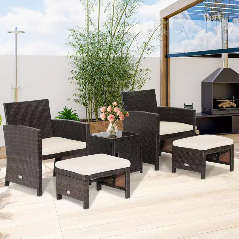 Costway 5-teiliges Terrassenmöbel-Set aus Rattan, Polsterhocker mit Bezug, platzsparend, Cremeweiß/Grau/Rot/Türkis