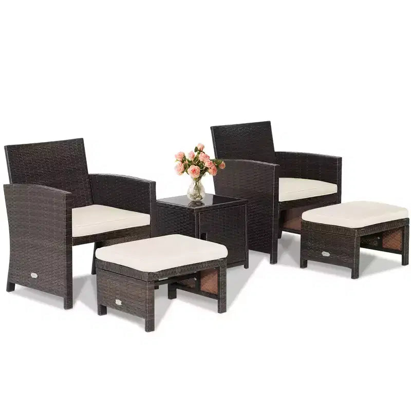 Costway 5-teiliges Terrassenmöbel-Set aus Rattan, Polsterhocker mit Bezug, platzsparend, Cremeweiß/Grau/Rot/Türkis