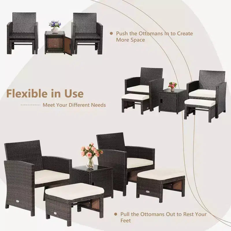 Costway 5-teiliges Terrassenmöbel-Set aus Rattan, Polsterhocker mit Bezug, platzsparend, Cremeweiß/Grau/Rot/Türkis