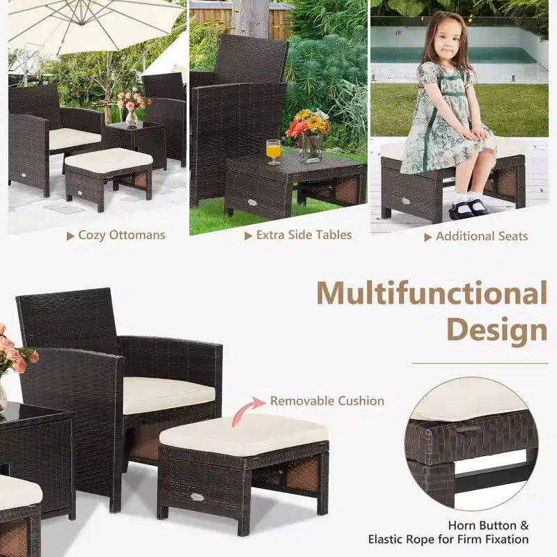 Costway 5-teiliges Terrassenmöbel-Set aus Rattan, Polsterhocker mit Bezug, platzsparend, Cremeweiß/Grau/Rot/Türkis