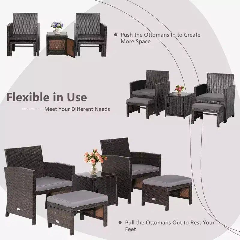 Costway 5-teiliges Terrassenmöbel-Set aus Rattan, Polsterhocker mit Bezug, platzsparend, Cremeweiß/Grau/Rot/Türkis