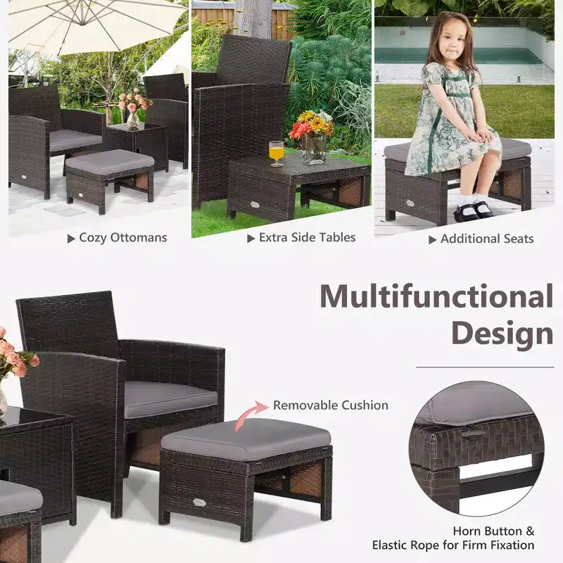 Costway 5-teiliges Terrassenmöbel-Set aus Rattan, Polsterhocker mit Bezug, platzsparend, Cremeweiß/Grau/Rot/Türkis