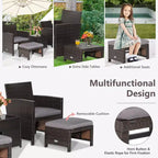 Costway 5-teiliges Terrassenmöbel-Set aus Rattan, Polsterhocker mit Bezug, platzsparend, Cremeweiß/Grau/Rot/Türkis