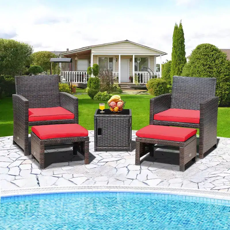 Costway 5-teiliges Terrassenmöbel-Set aus Rattan, Polsterhocker mit Bezug, platzsparend, Cremeweiß/Grau/Rot/Türkis
