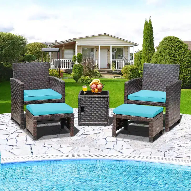 Costway 5-teiliges Terrassenmöbel-Set aus Rattan, Polsterhocker mit Bezug, platzsparend, Cremeweiß/Grau/Rot/Türkis